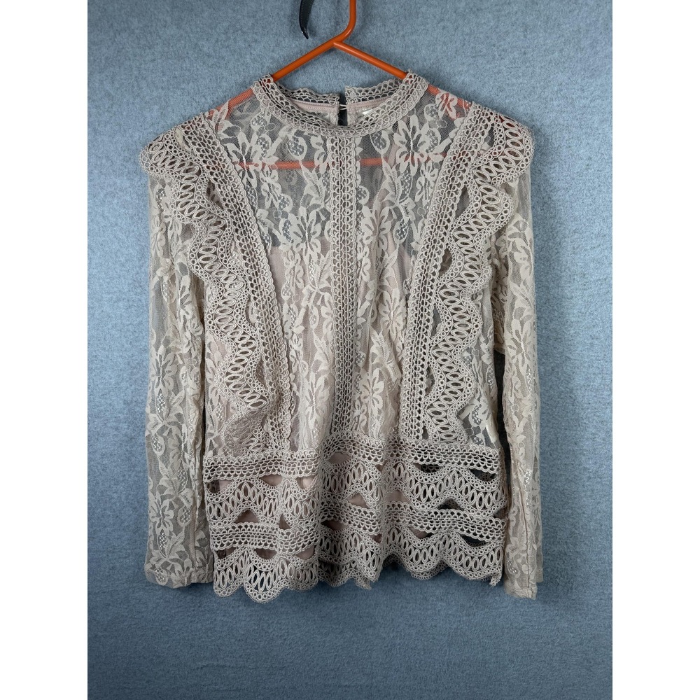 Adiva Blouse Womens Small Beige Lace Mock Neck Long Sleeve Ruffle Crochet Top